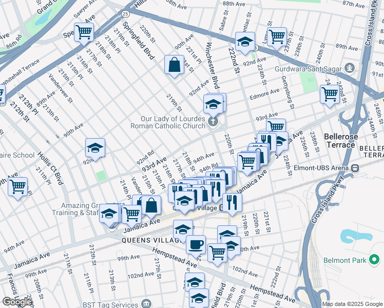 map of restaurants, bars, coffee shops, grocery stores, and more near 94-01 218th Street in Queens