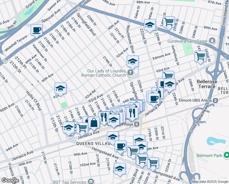 map of restaurants, bars, coffee shops, grocery stores, and more near 94-01 218th Street in Queens