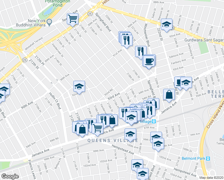 map of restaurants, bars, coffee shops, grocery stores, and more near 93-01 215th Place in Queens