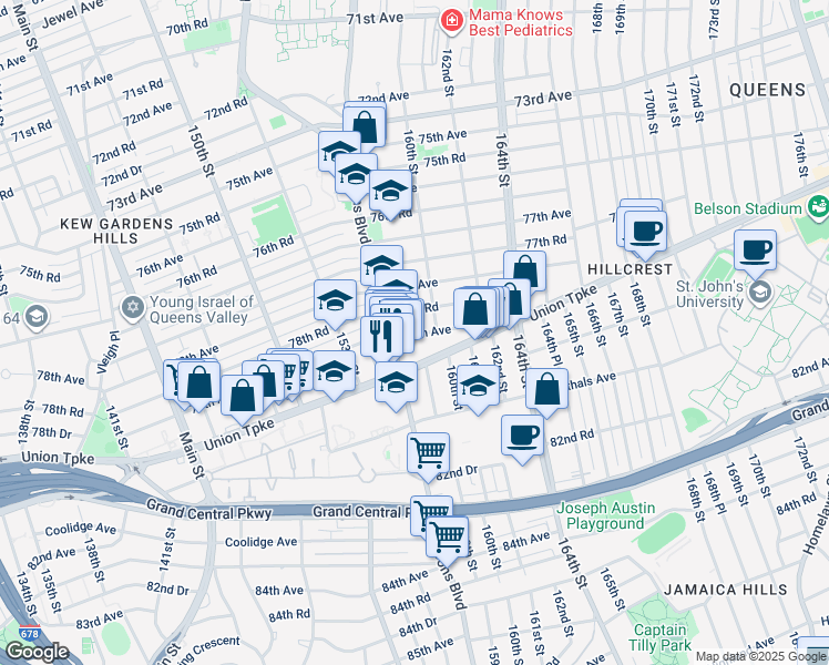 map of restaurants, bars, coffee shops, grocery stores, and more near 79-13 Parsons Boulevard in Queens