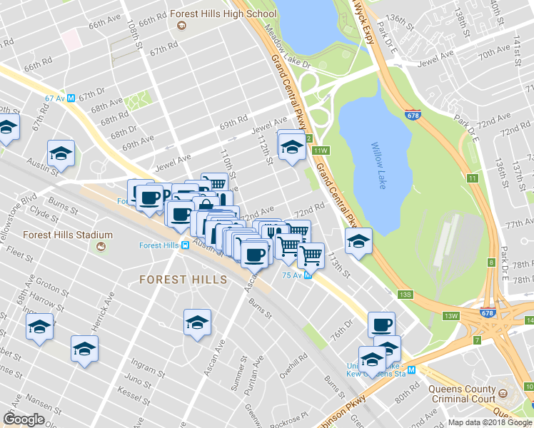 map of restaurants, bars, coffee shops, grocery stores, and more near 72-11 110th Street in Queens