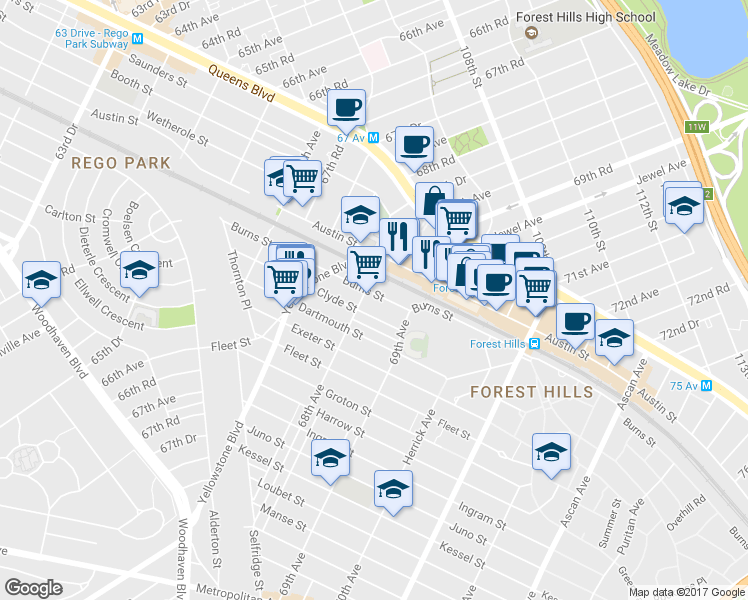 map of restaurants, bars, coffee shops, grocery stores, and more near 68-35 Clyde Street in Queens