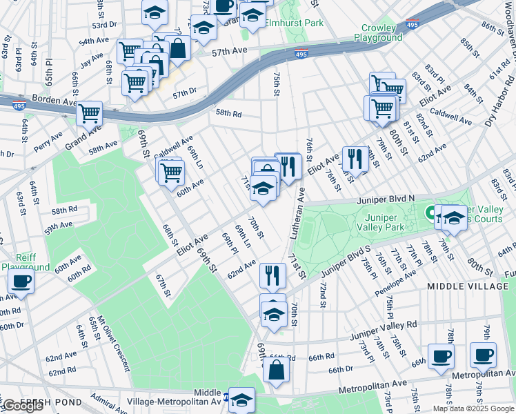 map of restaurants, bars, coffee shops, grocery stores, and more near 61-24 71st Street in Queens