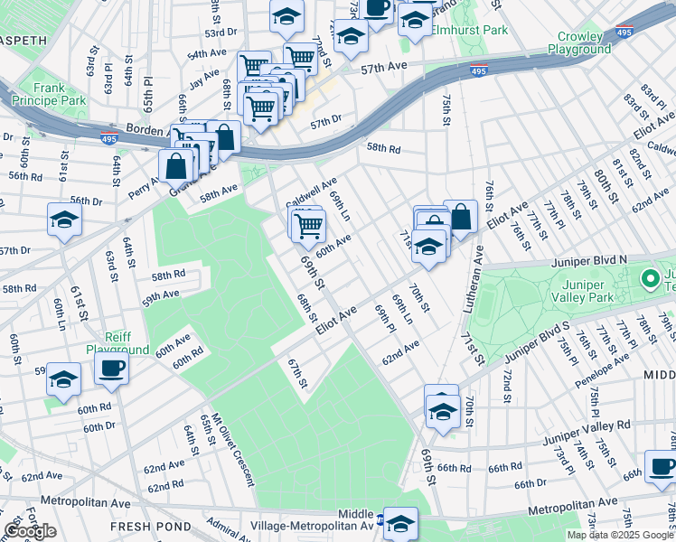 map of restaurants, bars, coffee shops, grocery stores, and more near 60-45 69th Street in Queens