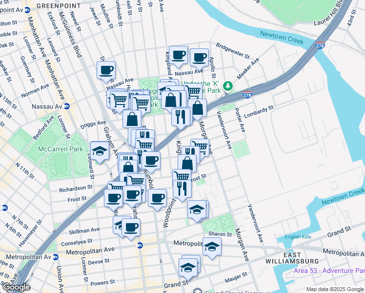 map of restaurants, bars, coffee shops, grocery stores, and more near 117 Kingsland Avenue in Brooklyn