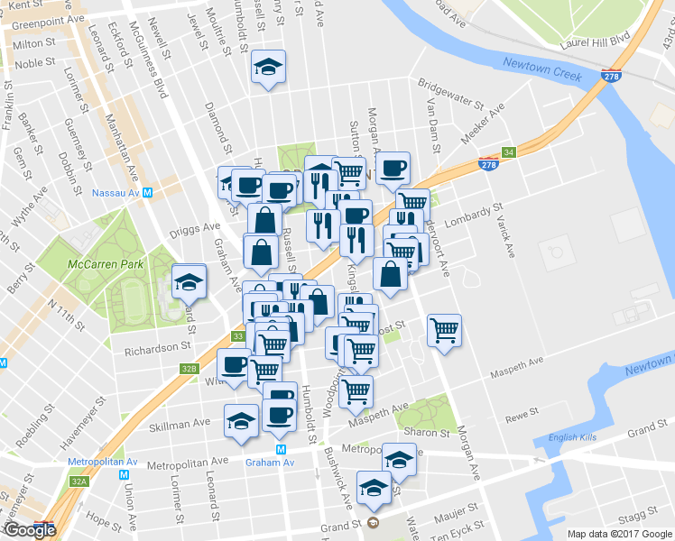 map of restaurants, bars, coffee shops, grocery stores, and more near 117 Kingsland Avenue in Brooklyn