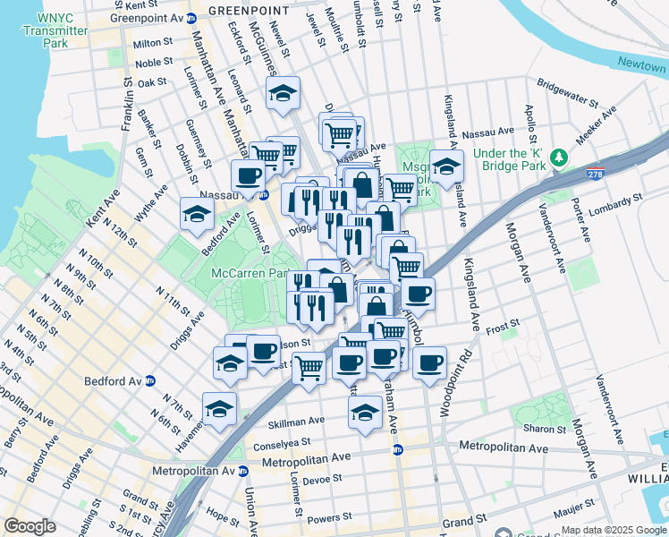 map of restaurants, bars, coffee shops, grocery stores, and more near 132 Newton Street in Brooklyn