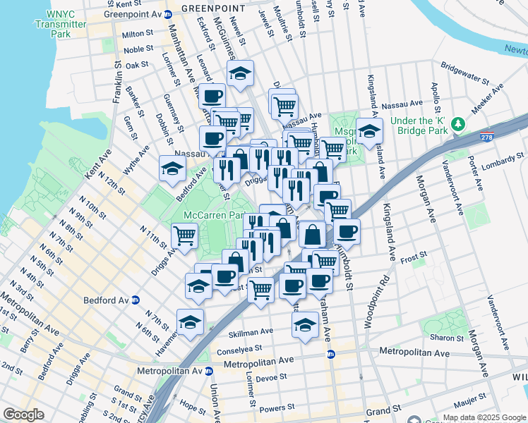 map of restaurants, bars, coffee shops, grocery stores, and more near Leonard Street in Brooklyn