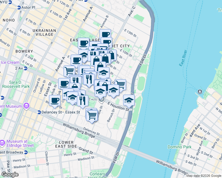 map of restaurants, bars, coffee shops, grocery stores, and more near 30 Avenue D in New York