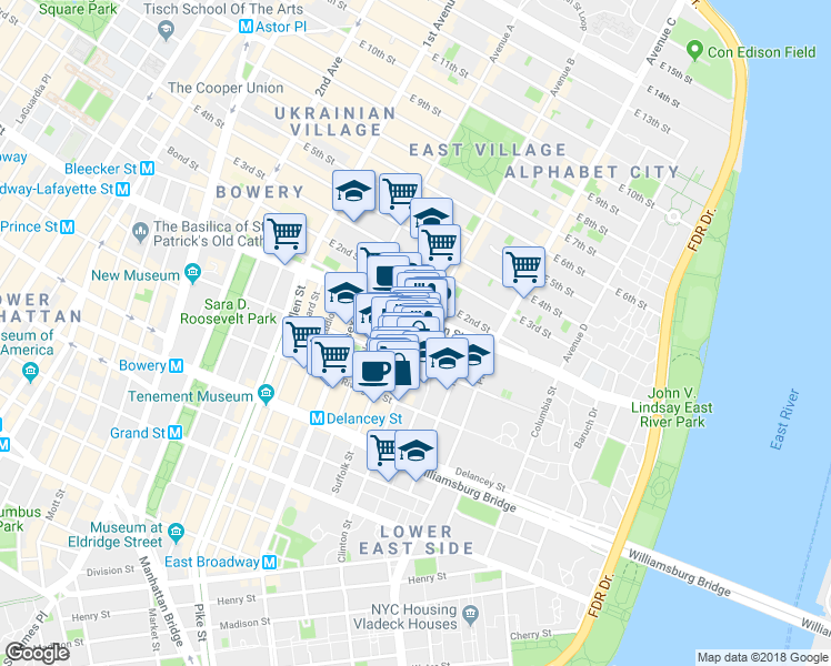 map of restaurants, bars, coffee shops, grocery stores, and more near 25 Clinton Street in New York