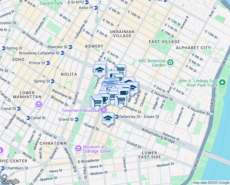 map of restaurants, bars, coffee shops, grocery stores, and more near 143 Ludlow Street in New York