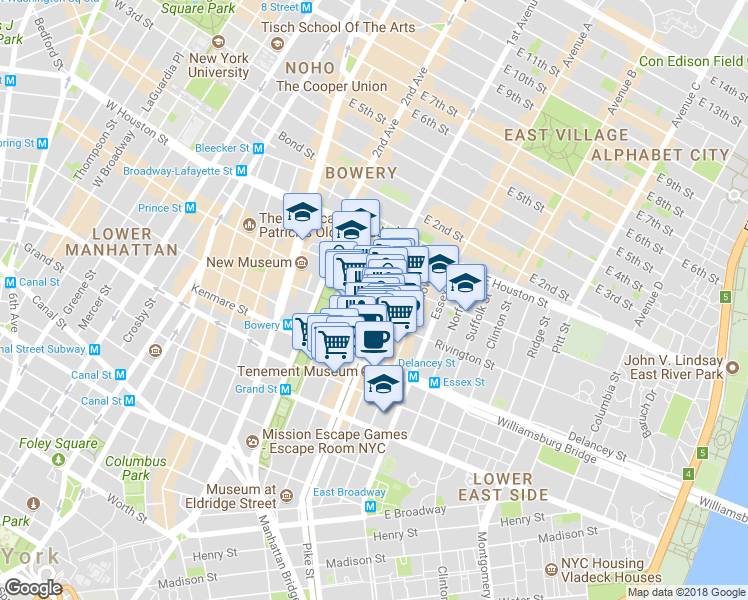 map of restaurants, bars, coffee shops, grocery stores, and more near 184 Eldridge Street in New York