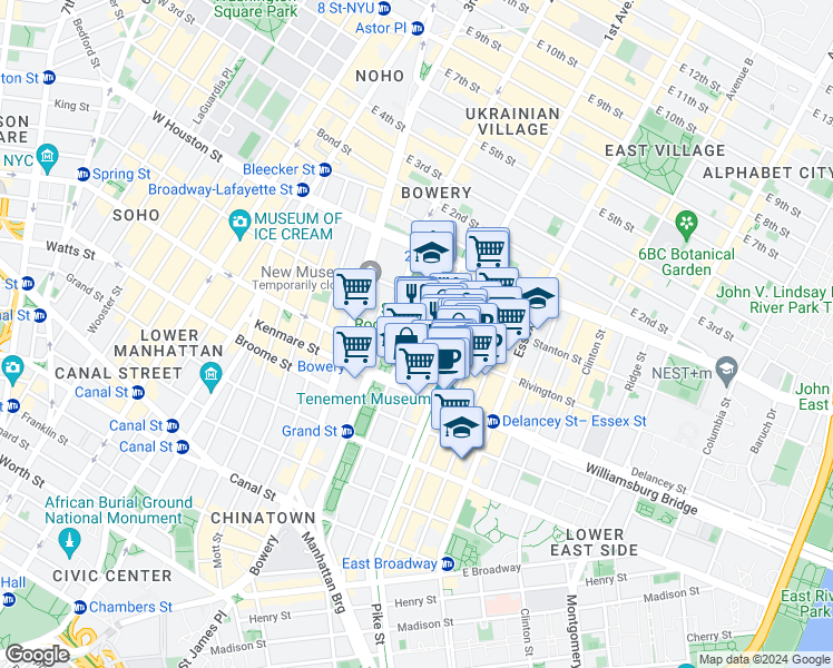 map of restaurants, bars, coffee shops, grocery stores, and more near 184 Eldridge Street in New York