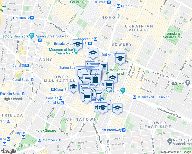 map of restaurants, bars, coffee shops, grocery stores, and more near 146 Elizabeth Street in New York