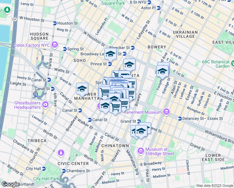 map of restaurants, bars, coffee shops, grocery stores, and more near 384 Broome Street in New York