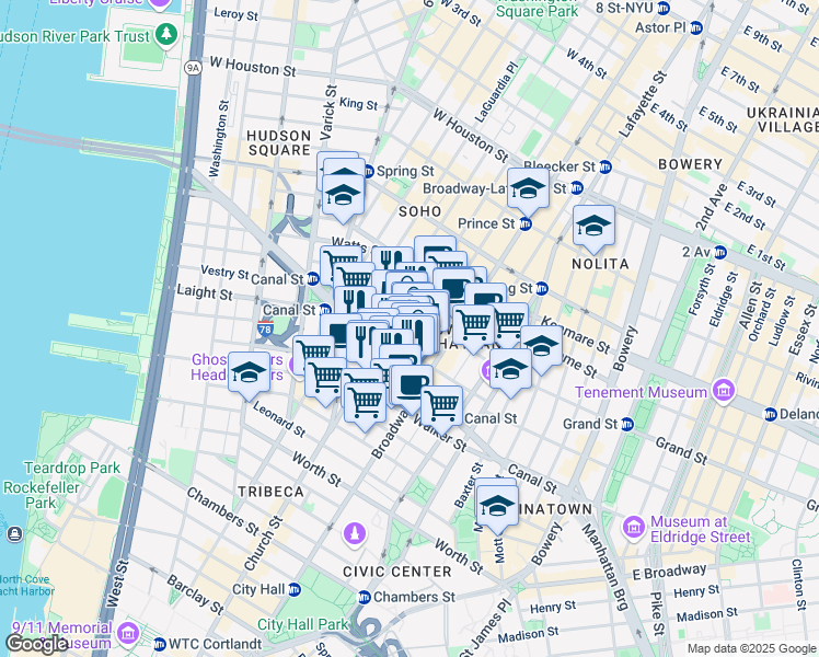 map of restaurants, bars, coffee shops, grocery stores, and more near 7 Mercer Street in New York