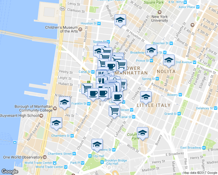 map of restaurants, bars, coffee shops, grocery stores, and more near in New York