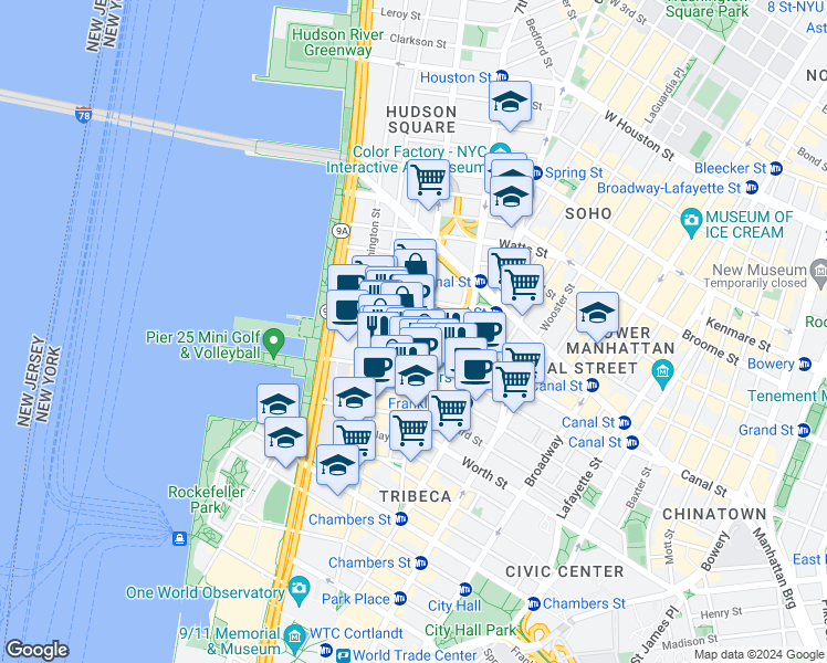 map of restaurants, bars, coffee shops, grocery stores, and more near 129w Hudson Street in New York