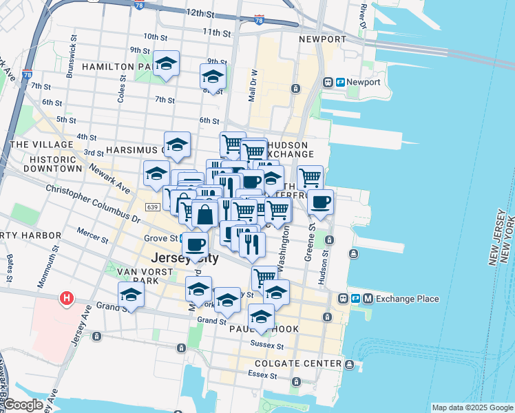 map of restaurants, bars, coffee shops, grocery stores, and more near 124 Bay Street in Jersey City