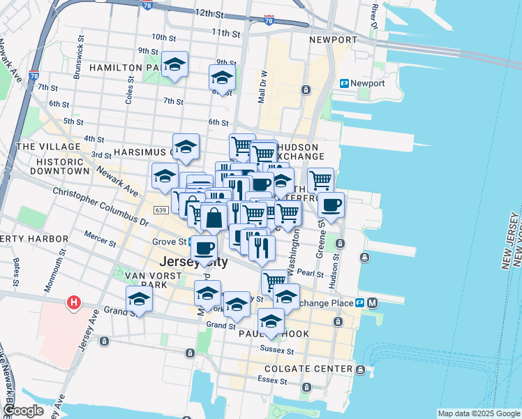 map of restaurants, bars, coffee shops, grocery stores, and more near 124 Bay Street in Jersey City