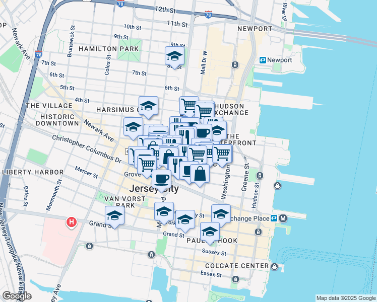 map of restaurants, bars, coffee shops, grocery stores, and more near 133 Morgan Street in Jersey City