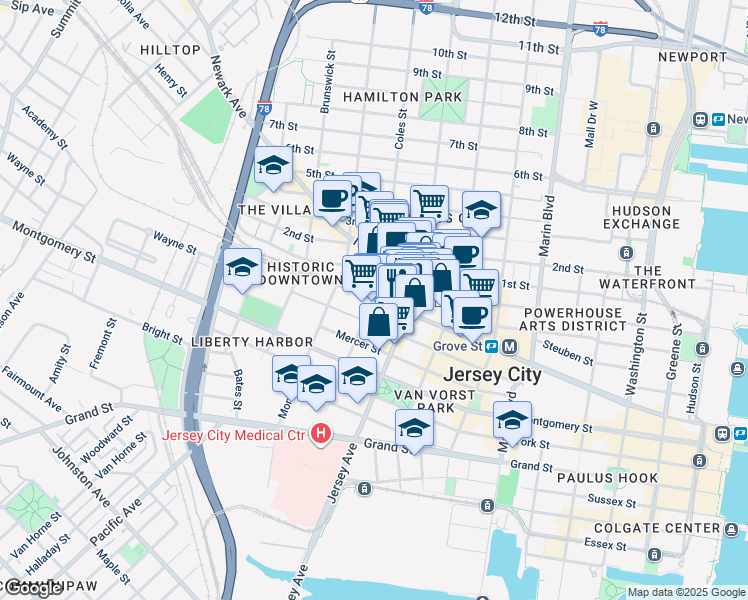 map of restaurants, bars, coffee shops, grocery stores, and more near 116 Wayne Street in Jersey City
