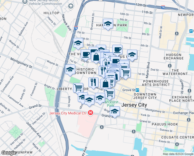map of restaurants, bars, coffee shops, grocery stores, and more near 153-139 Wayne Street in Jersey City