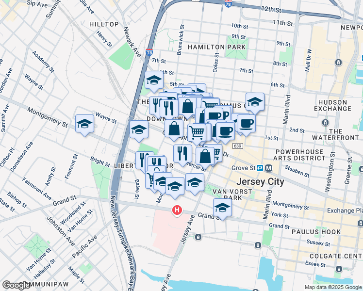 map of restaurants, bars, coffee shops, grocery stores, and more near 329a Monmouth Street in Jersey City