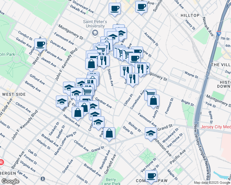 map of restaurants, bars, coffee shops, grocery stores, and more near 158 Fairmount Avenue in Jersey City