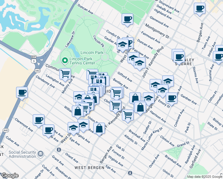 map of restaurants, bars, coffee shops, grocery stores, and more near 785 Communipaw Avenue in Jersey City