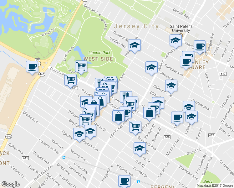 map of restaurants, bars, coffee shops, grocery stores, and more near 785 Communipaw Avenue in Jersey City