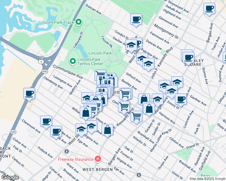 map of restaurants, bars, coffee shops, grocery stores, and more near 785 Communipaw Avenue in Jersey City