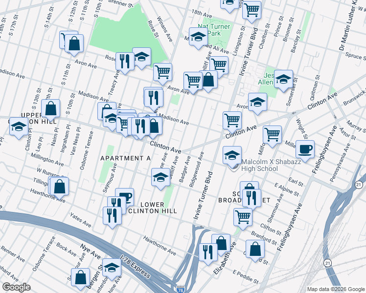 map of restaurants, bars, coffee shops, grocery stores, and more near 257 Jelliff Avenue in Newark