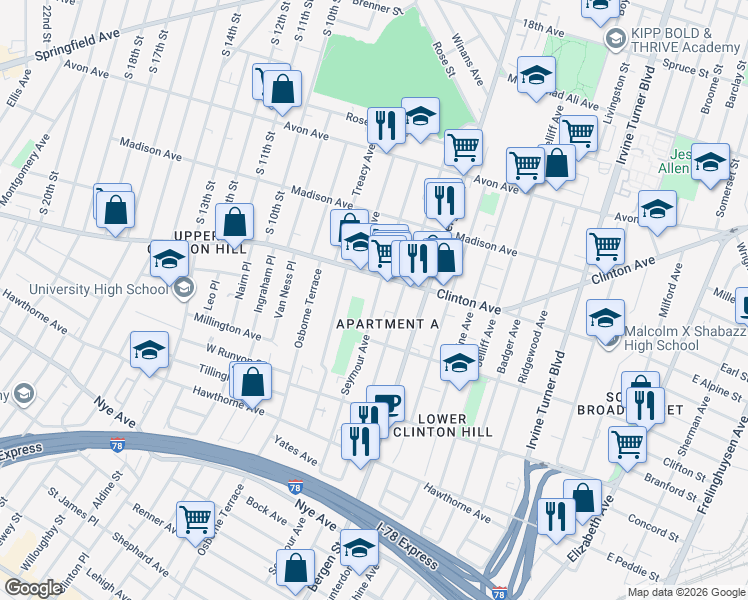 map of restaurants, bars, coffee shops, grocery stores, and more near 165 Chadwick Avenue in Newark