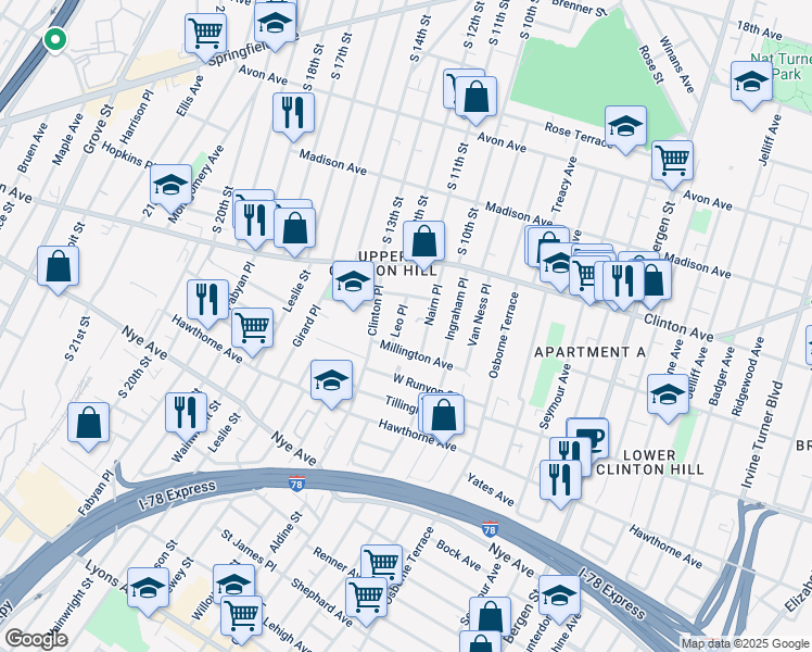 map of restaurants, bars, coffee shops, grocery stores, and more near 59 Millington Avenue in Newark