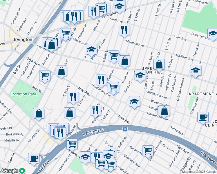map of restaurants, bars, coffee shops, grocery stores, and more near in Newark