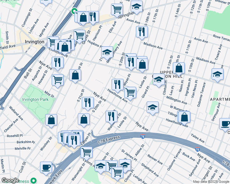 map of restaurants, bars, coffee shops, grocery stores, and more near 554 Hawthorne Avenue in Newark