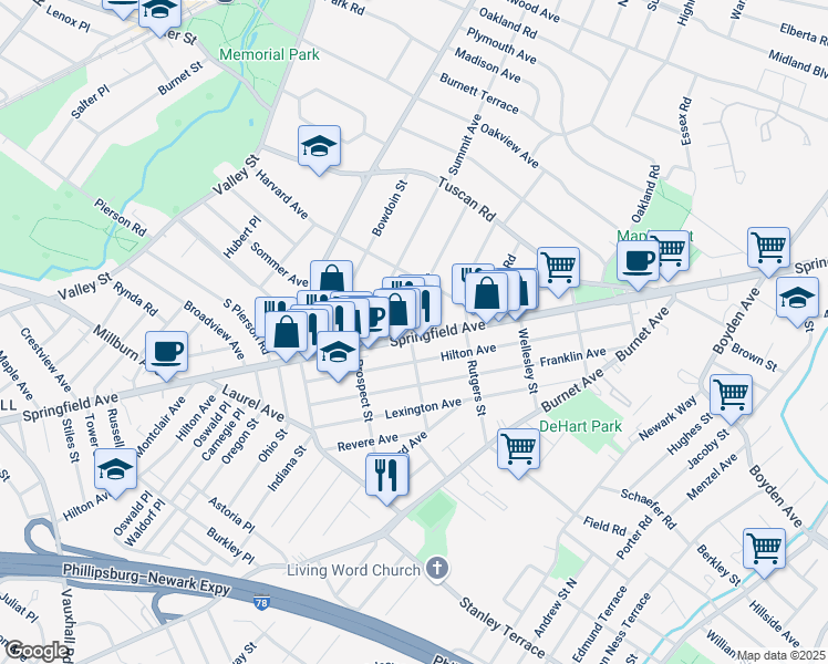 map of restaurants, bars, coffee shops, grocery stores, and more near 10 Princeton Street in Maplewood