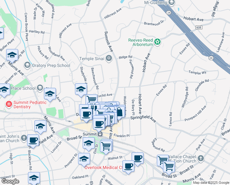 map of restaurants, bars, coffee shops, grocery stores, and more near 145 Summit Avenue in Summit
