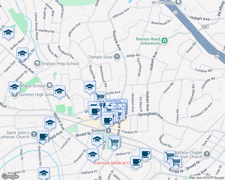 map of restaurants, bars, coffee shops, grocery stores, and more near 10 Euclid Avenue in Summit
