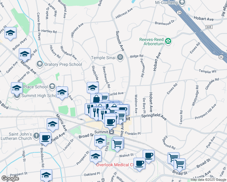map of restaurants, bars, coffee shops, grocery stores, and more near 27 Euclid Avenue in Summit