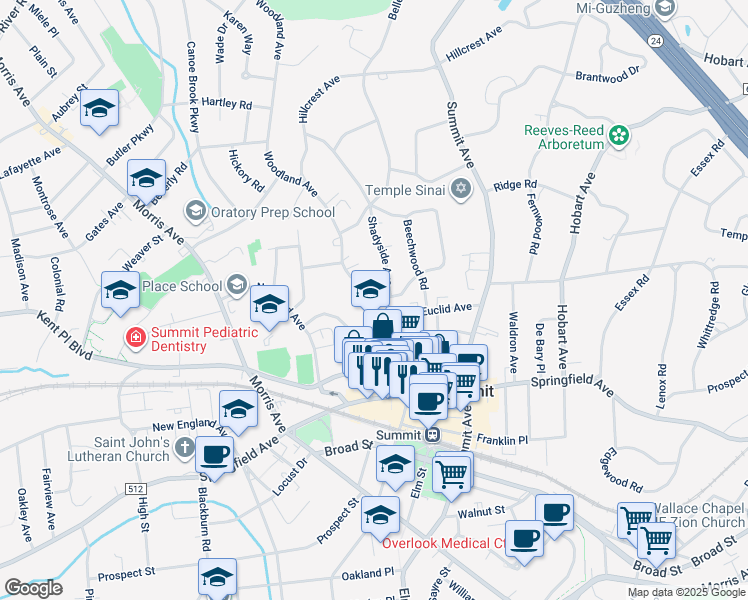 map of restaurants, bars, coffee shops, grocery stores, and more near 45 Woodland Avenue in Summit