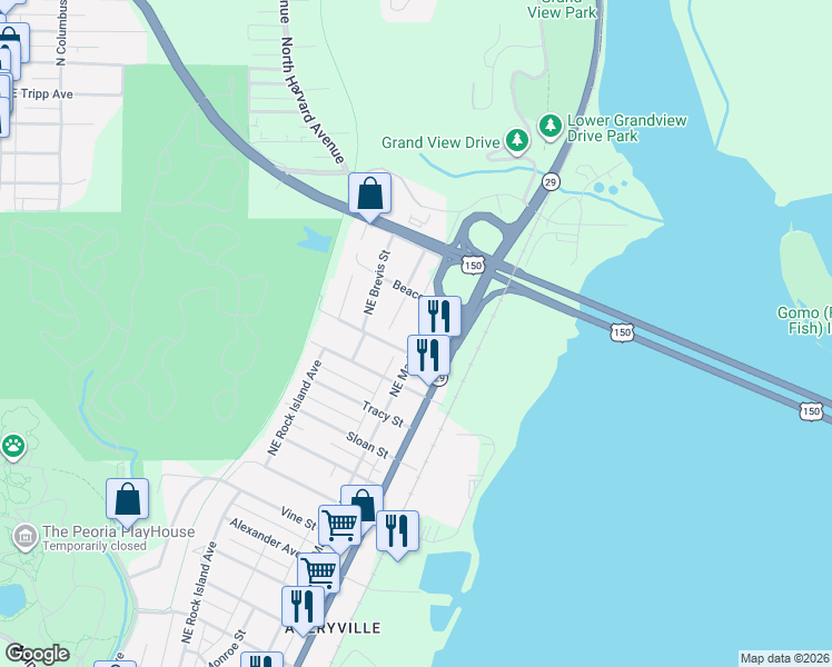 map of restaurants, bars, coffee shops, grocery stores, and more near 3425 NE Madison Ave in Peoria