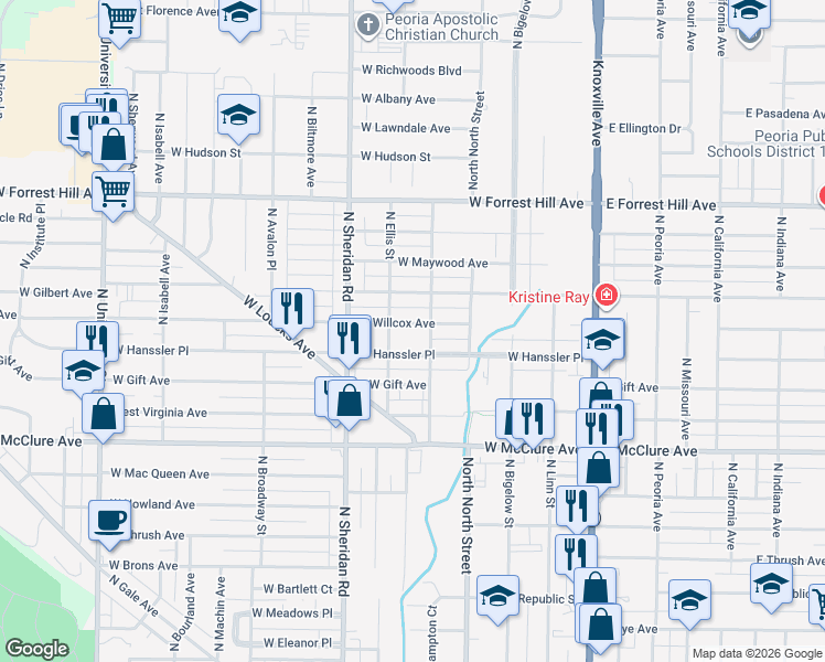 map of restaurants, bars, coffee shops, grocery stores, and more near 521 West Hanssler Place in Peoria