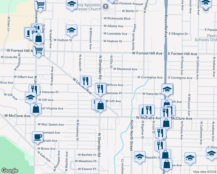 map of restaurants, bars, coffee shops, grocery stores, and more near 611 West Hanssler Place in Peoria
