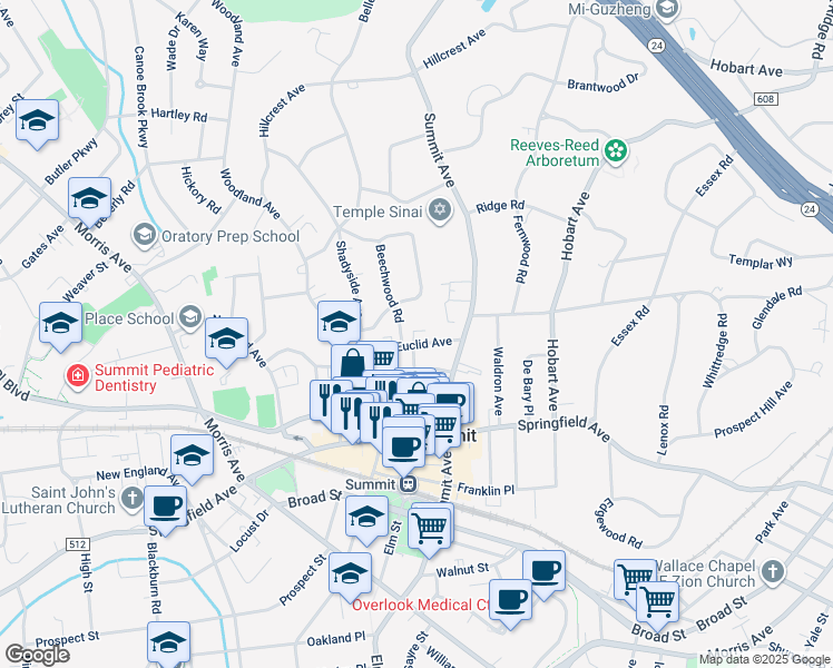 map of restaurants, bars, coffee shops, grocery stores, and more near 19 Euclid Avenue in Summit