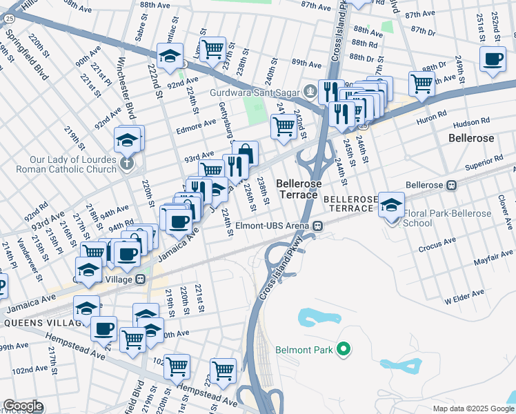 map of restaurants, bars, coffee shops, grocery stores, and more near 9510 238th Street in Floral Park