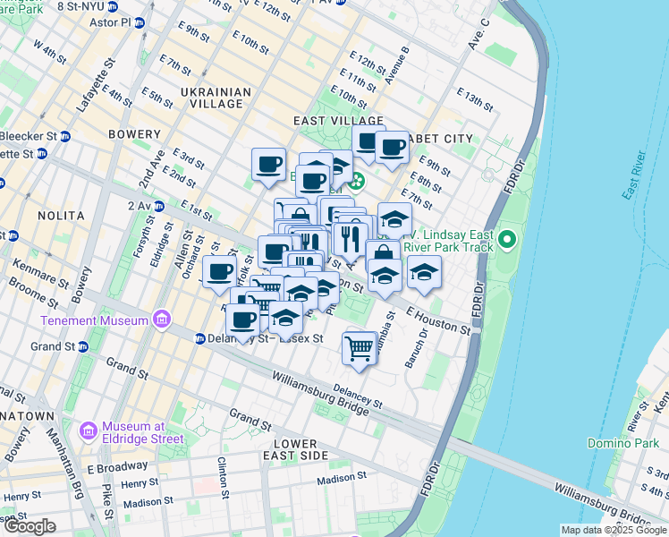 map of restaurants, bars, coffee shops, grocery stores, and more near 135 Pitt Street in New York