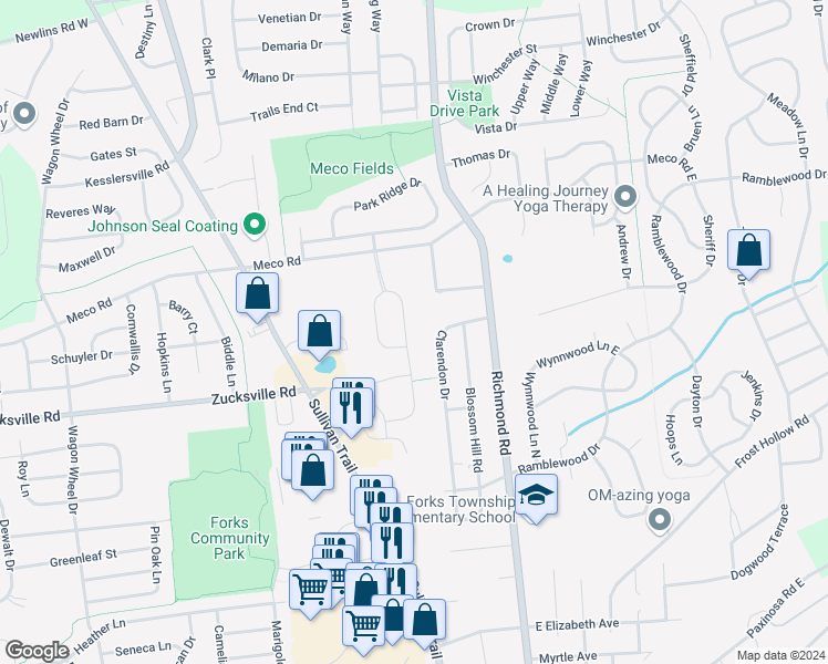 map of restaurants, bars, coffee shops, grocery stores, and more near 2151 Huntington Lane in Easton