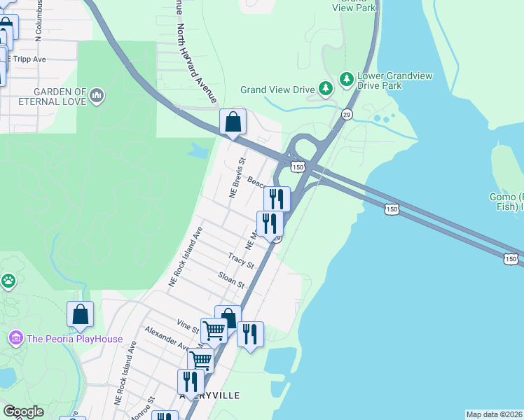 map of restaurants, bars, coffee shops, grocery stores, and more near 3515 Northeast Madison Avenue in Peoria